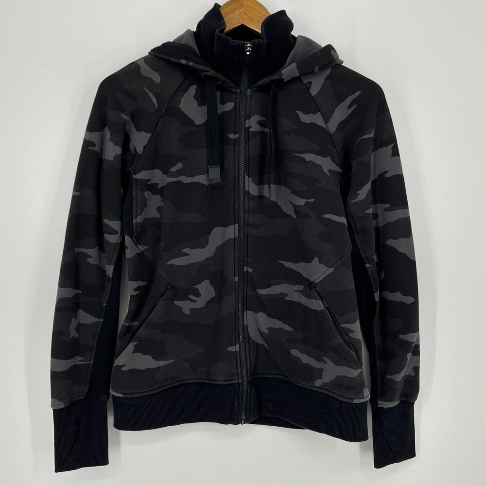 Athleta Triumph Hoodie Womens Small Grey Camo Full Zip Fleece Lined